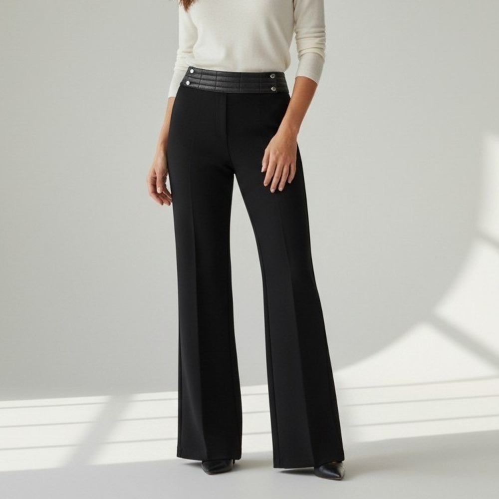Joseph Ribkoff Black Wide Leg‎ Trousers Quilted Waistband Detail 5C4042 Size 8